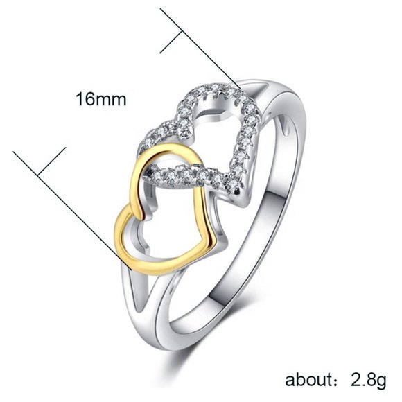 🔥925 Silver, 14K Gold Plated Double Heart CZ Ring for Women, GPMB1415 - Picture 5 of 5